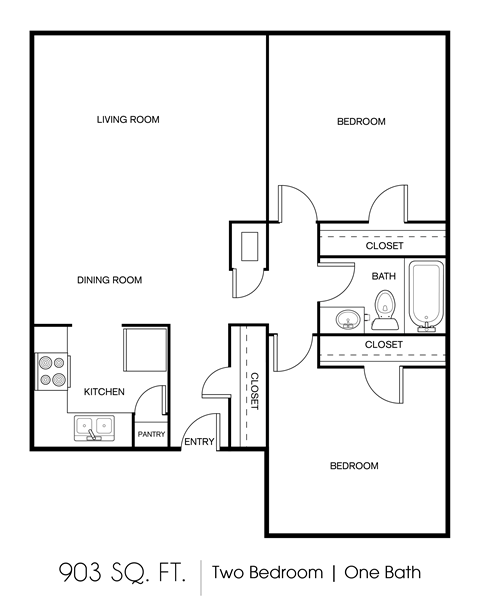 Floor plan for 2 beds, 1 bath, 903 sqft